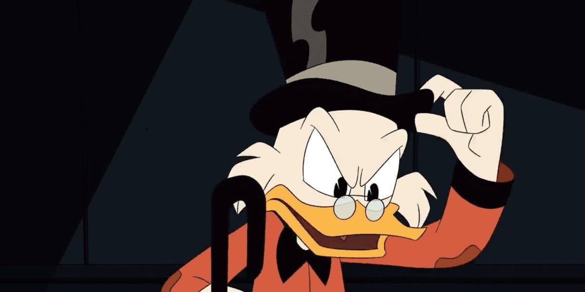 Animated character resembling a duck wearing a top hat and glasses, with an angry expression. He's holding a cane and adjusting his hat with one hand in a dimly lit setting.