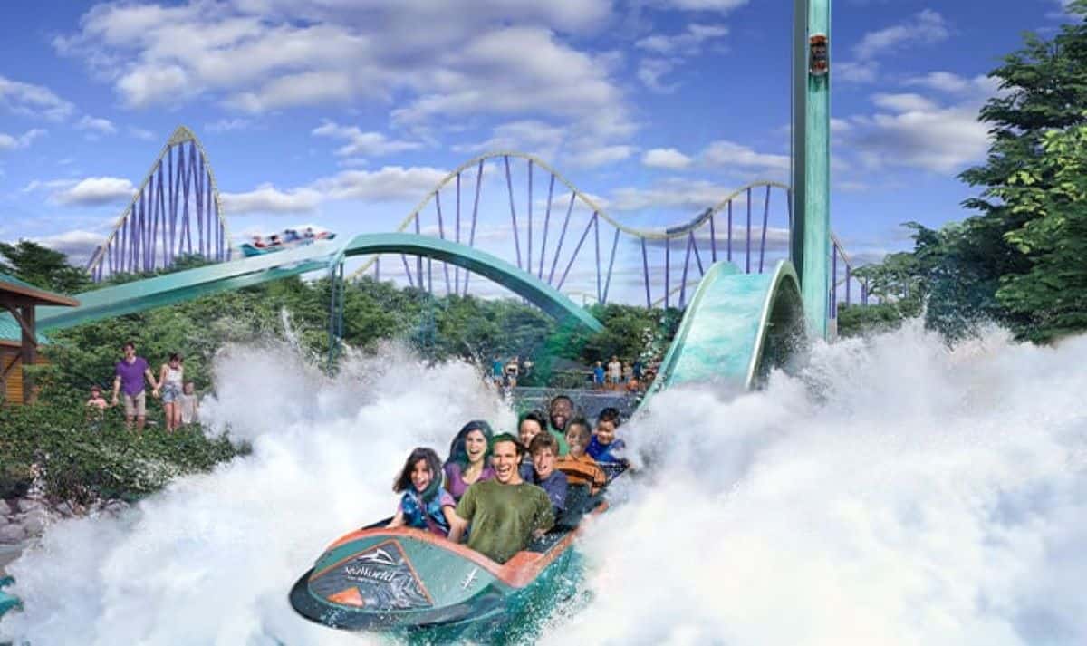 Concept art of Guests riding Catapult Falls, SeaWorld San Antonio's newest roller coaster, now opening in 2024