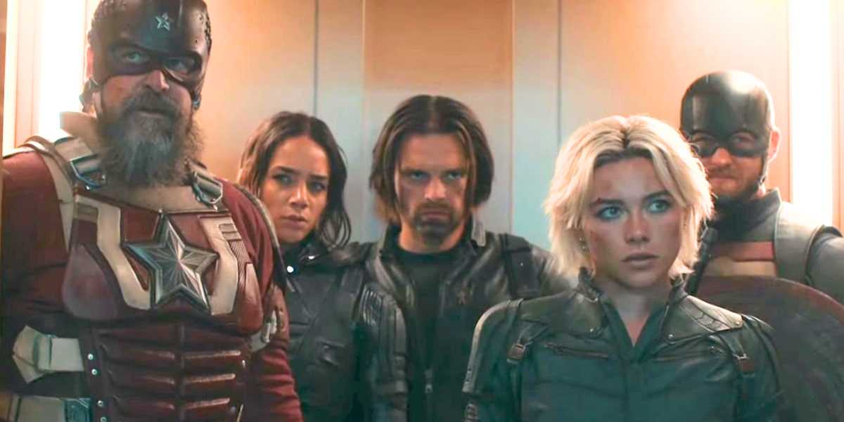 L-R: David Harbour as Red Guardian, Hannah John-Kamen as Ghost, Sebastian Stan as Bucky, Florence Pugh as Yelena Belova, and Wyatt Russell as John Walker