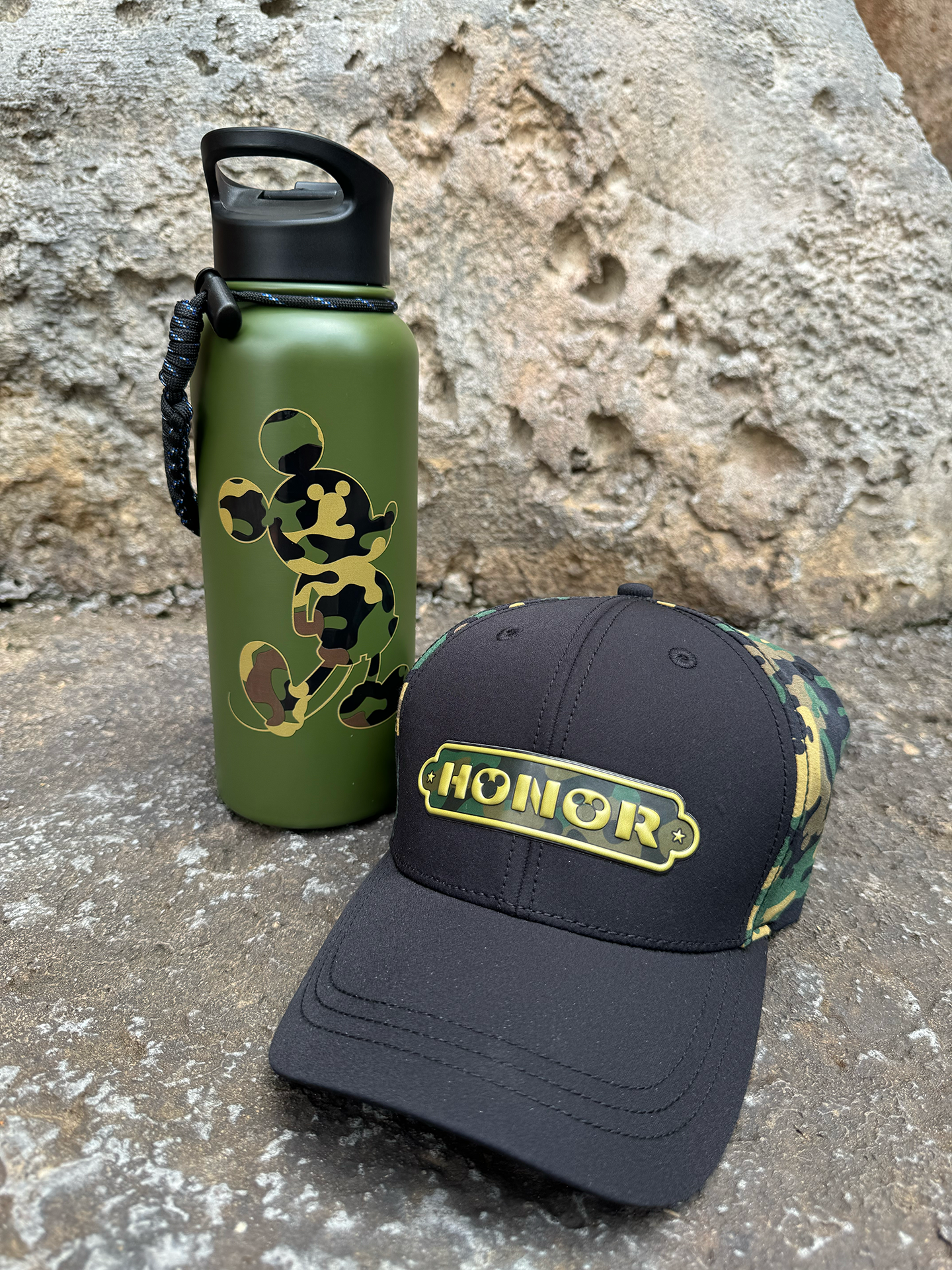 New Disney-camouflage water bottle and ball cap