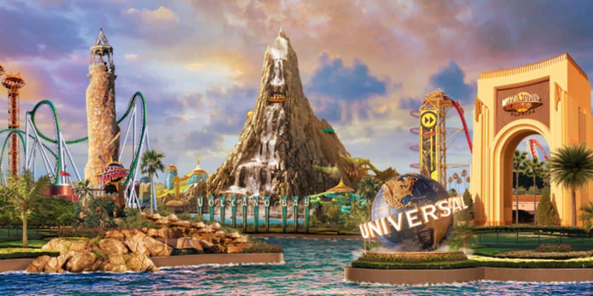 Islands of Adventure, Volcano Bay, and Universal Studios Florida icons and entrances together