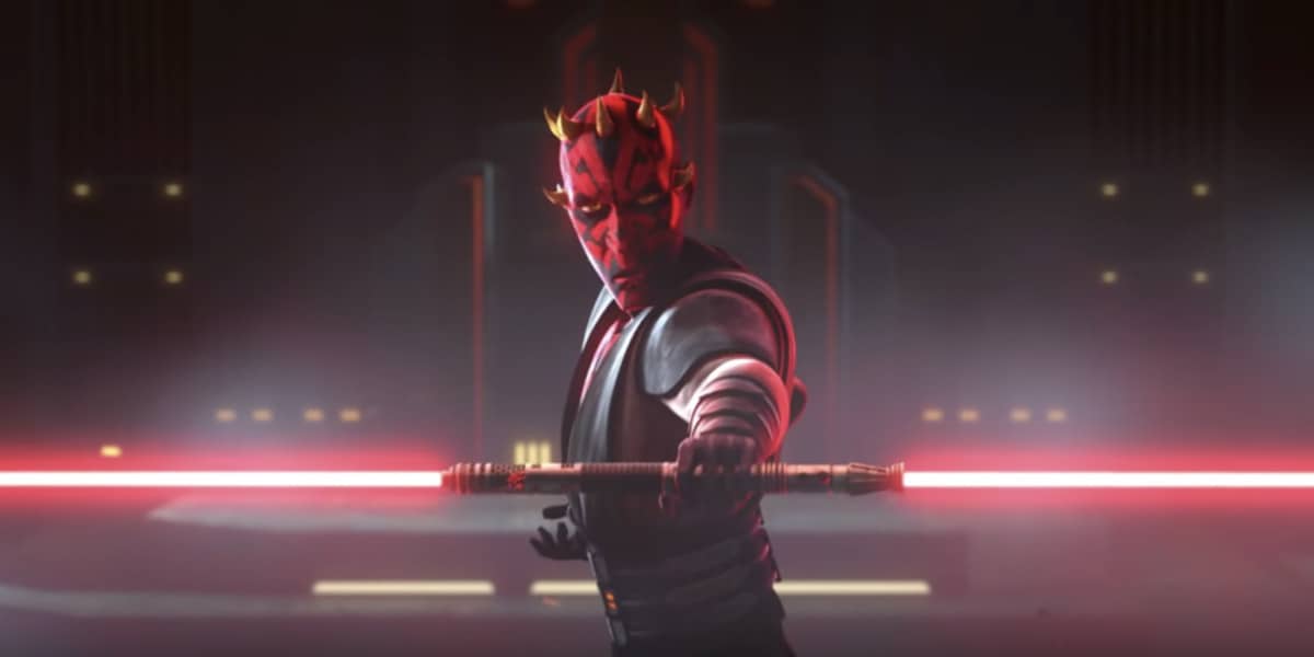 Maul (Sam Witwer) igniting his lightsaber ready to battle Ahsoka Tano (Ashley Eckstein) in 'The Clone Wars'