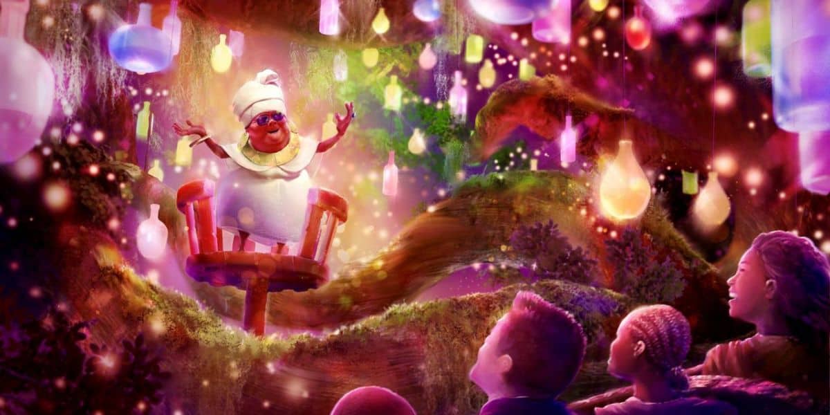 A vibrant, colorful illustration showing children watching in awe as a joyful, animated marshmallow character performs on stage, surrounded by glowing lights and a magical "Tiana's Bayou Adventure" ambiance.