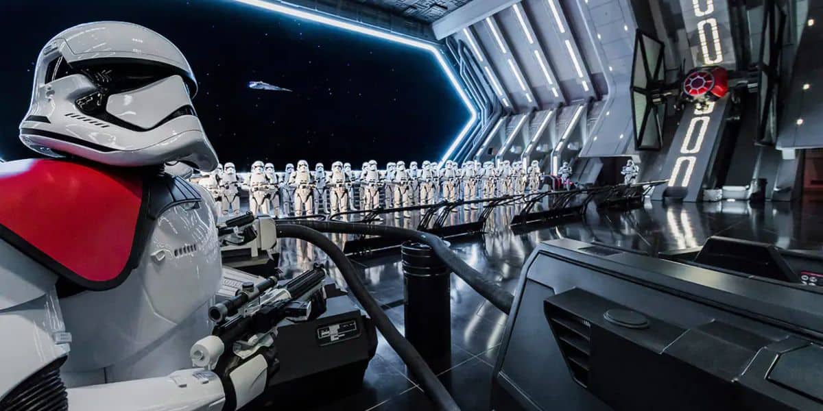 Stormtrooper stare ahead in the Rise of the Resistance queue