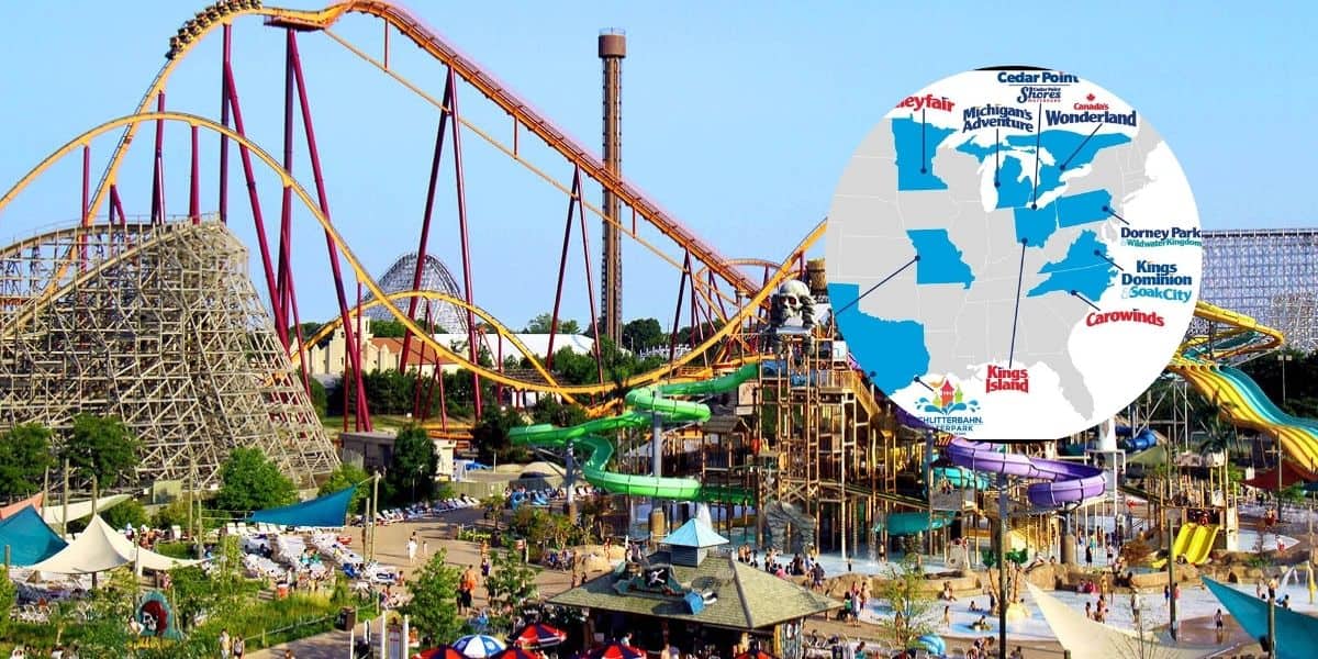 A vibrant amusement park with various roller coasters, water slides, and attractions. An inset map highlights locations of different theme parks such as Cedar Point, Canada's Wonderland, Kings Island, and others across North America.