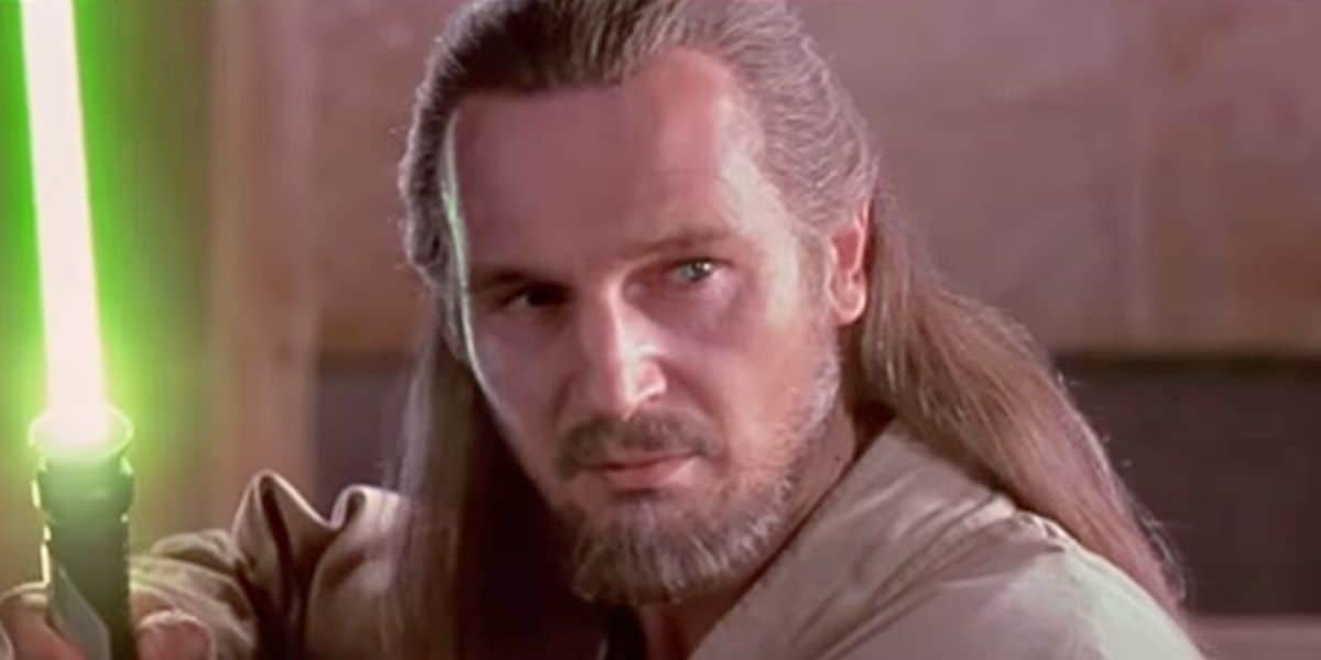 Qui-Gon with his lightsaber on Naboo, ready to face Darth Maul in 'The Phantom Menace'