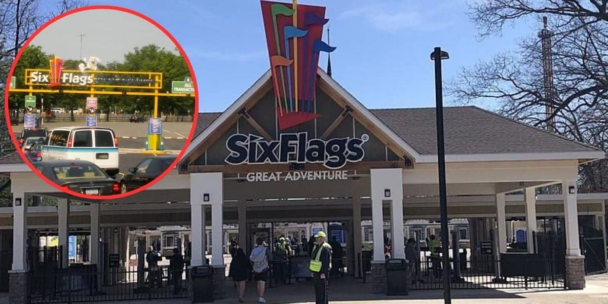 The entrance to Six Flags Great Adventure theme park, featuring the park's colorful logo above the gate. There are several people passing through the entrance. An inset shows the parking area with the "Six Flags" sign and parked cars, indicating this is a busy day.