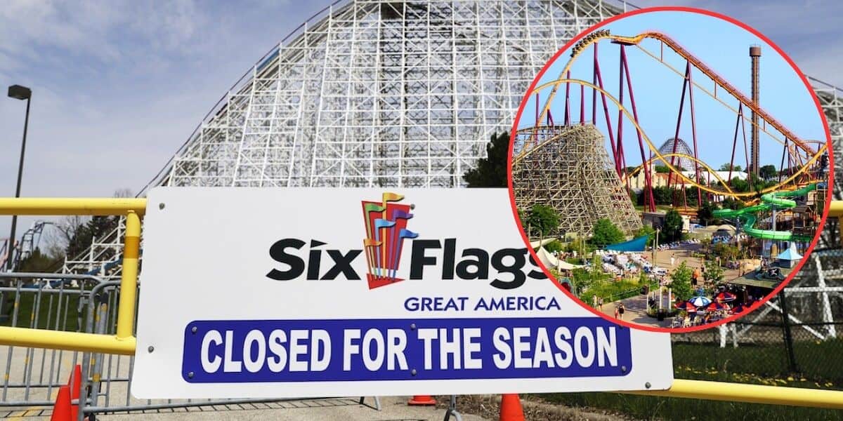 A sign reading "Six Flags Great America Closed for the Season" is displayed at the entrance of an amusement park, with a large wooden roller coaster visible in the background. An inset shows colorful roller coasters and park attractions in operation.