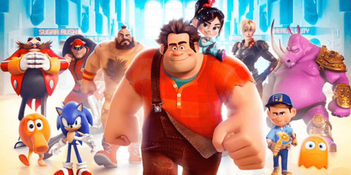 A group of animated characters from various video games stand together. The central character, a large man in red overalls, smiles confidently. Surrounding him are characters like a blue hedgehog, a princess, and various other colorful and distinctive figures.