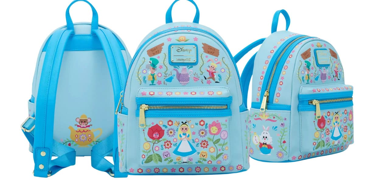 Three blue Disney mini backpacks featuring colorful prints of whimsical characters, flowers, and nature-inspired elements. Each Loungefly backpack has a front pocket with a zip closure and adjustable shoulder straps, perfect for Alice in Wonderland fans.