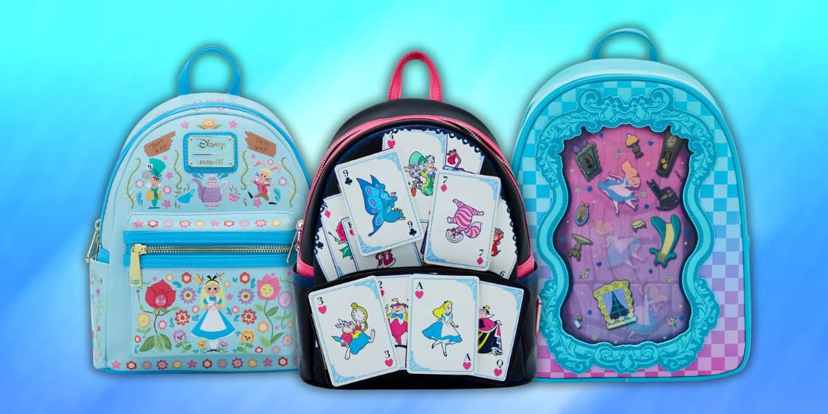 Three colorful Disney-themed mini backpacks against a gradient blue background. The designs, by Loungefly, feature whimsical Alice in Wonderland motifs, including playing cards and vibrant illustrations of characters and scenes from the story.