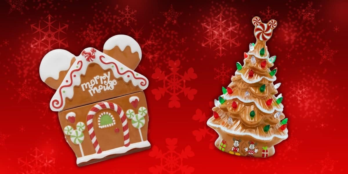 A festive gingerbread house and a Christmas tree cookie, adorned with colorful decorations, radiate Disney Magic on a red background with snowflake patterns. The gingerbread house cheerfully proclaims "Merry & Bright.