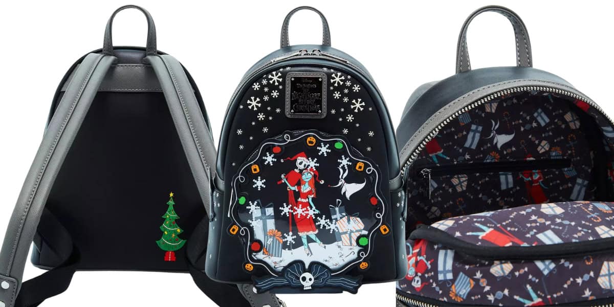 Three angles of a decorative Loungefly backpack. The front showcases a festive design with a skeleton character, snowflakes, and a reindeer. The back features a small Christmas tree. Perfect for the holidays, the interior is patterned with houses, snowmen, and reindeer.