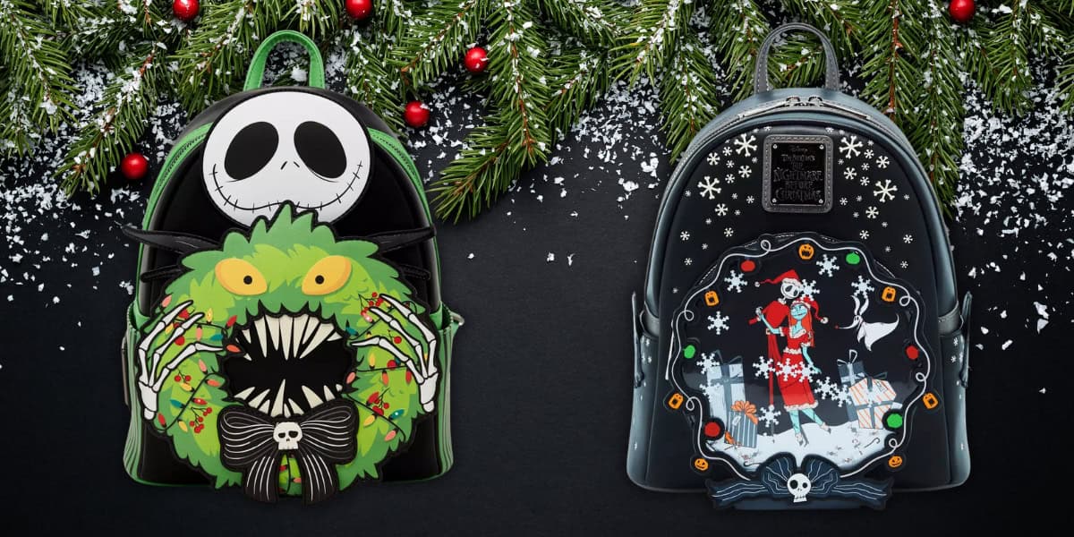 Two festive Loungefly backpacks are showcased on a dark background adorned with evergreen branches and red ornaments. One backpack features a grinning monster reminiscent of "Nightmare Before Christmas," while the other depicts a snowy scene with a character in red, flanked by playful snowflakes.