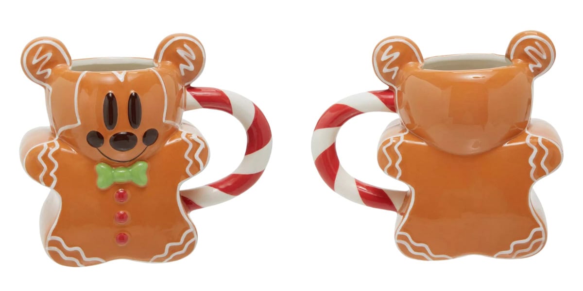 Two gingerbread man-shaped mugs with candy cane handles are shown, front and back. Perfect for the holiday season, the front view features a cute face, green bow tie, and red buttons, while the back view showcases a plain design reminiscent of Disney's delightful mug creations.