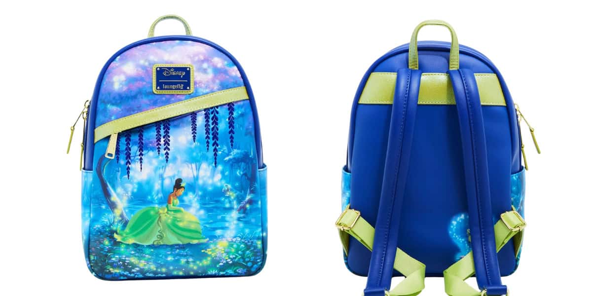 Front and back views of the vibrant Bayou Backpack featuring a princess in a glowing forest scene. The front boasts a mystical design with Disney Magic, showcasing the princess in a gown, while the back is solid blue with green straps reminiscent of Tiana's Palace Bag.