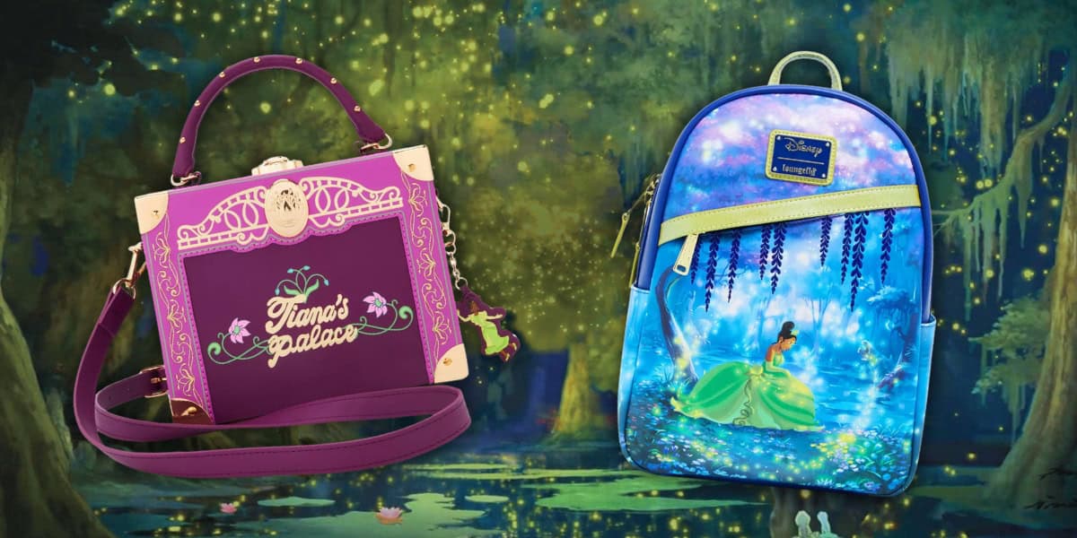 A purple handbag labeled "Tiana's Palace Bag" with princess-themed designs is on the left. On the right, a Bayou Backpack features Tiana artwork from Disney Magic. Both bags are set against a nature-inspired backdrop with sparkling lights.