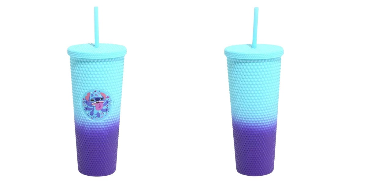 Two tall, textured Ombré Studded Carnival Cups with gradient colors from light blue to purple, each featuring a blue lid and straw. One tumbler showcases a Disney cartoon character sticker on the front, while the other remains stylishly plain.