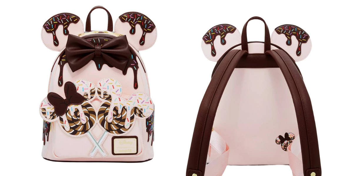 A pink backpack with chocolate donut ears and Minnie Mouse charm, perfect for Disney fans. It has a large brown bow and candy-shaped decorations in pastel hues. The straps and edges are brown, and there's a small bow detail on the back.