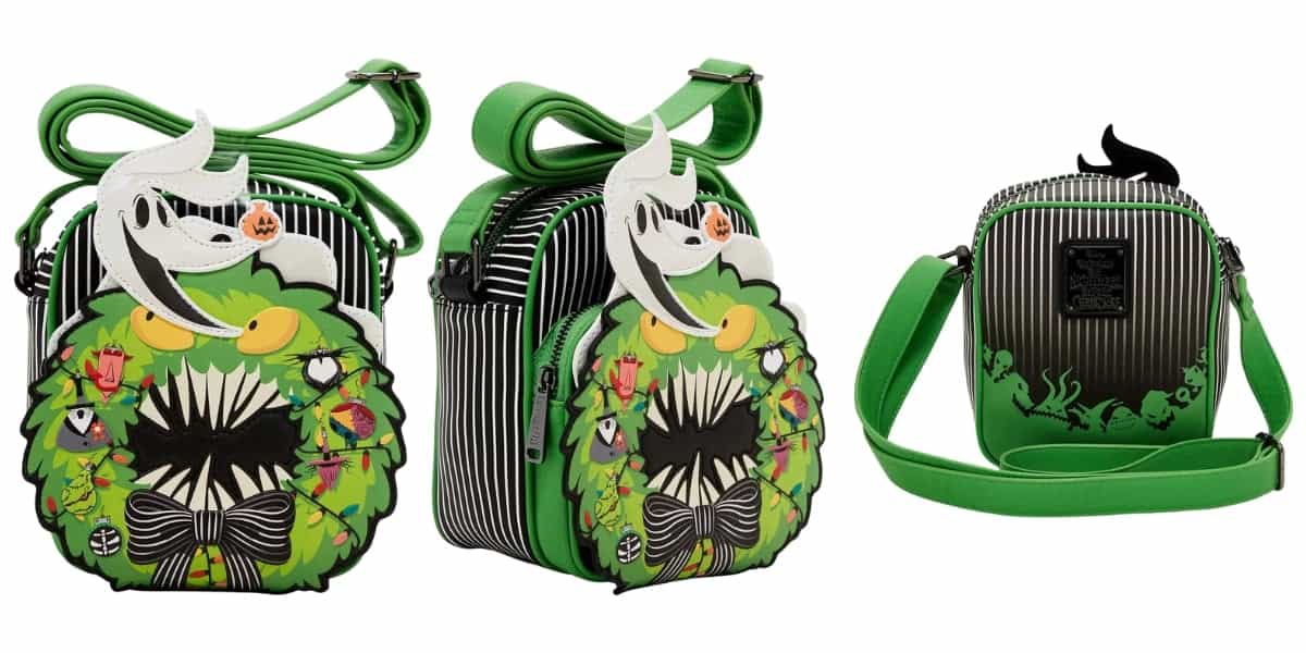 A festive handbag perfect for your holiday wardrobe, featuring a green wreath design with a grinning mouth and a ghost holding a pumpkin atop it. It includes a striped back panel and detachable strap, accented with small ornaments and a bow—a unique piece among Disney Loungefly crossbody bags.