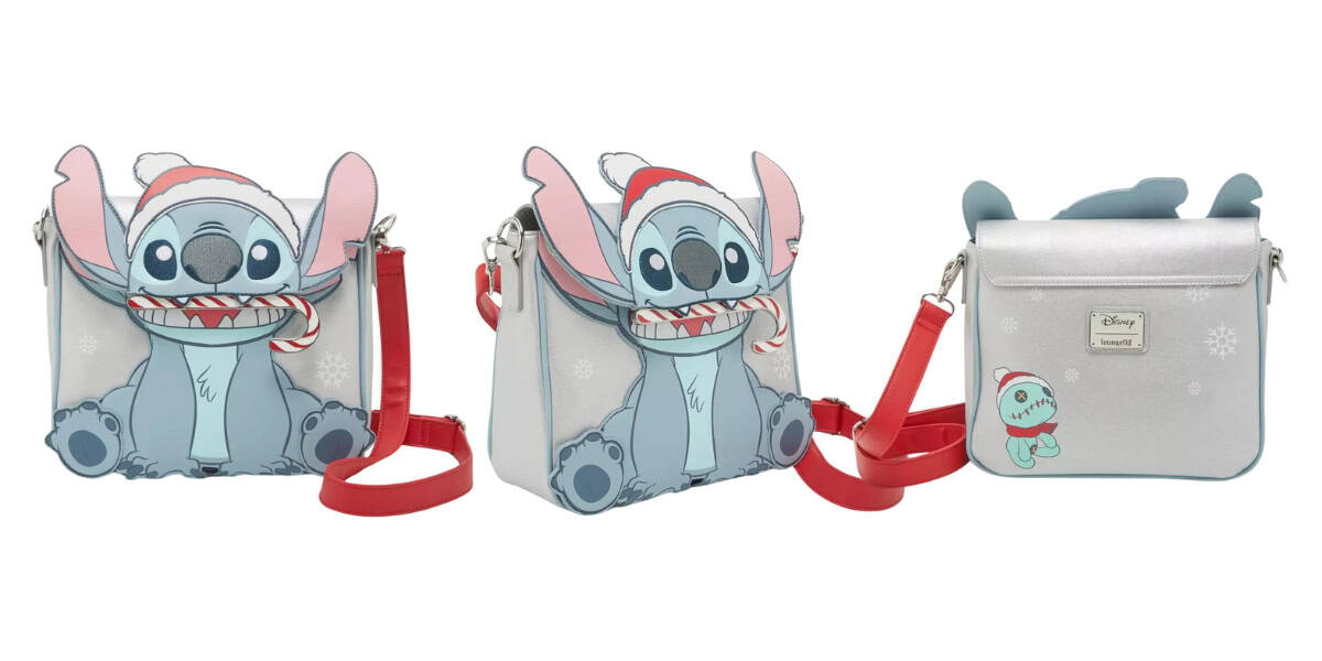 Three Disney Loungefly crossbody bags showcase Stitch in a Santa hat, clutching a candy cane. With red straps and a charming winter design, these bags are the perfect addition to your holiday wardrobe. The front, side, and back views are displayed for closer inspection.