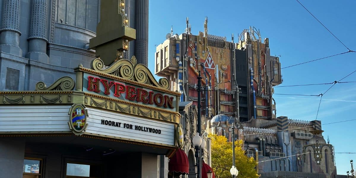 The Hyperion Theater at Disney California Adventure with Guardians of the Galaxy: Mission BREAKOUT! in Avengers Campus in the background. All in Disneyland Resort