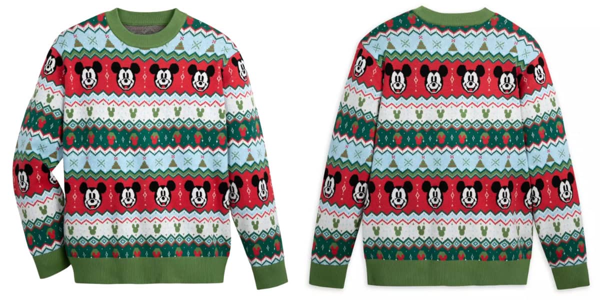 Two images showcase a cozy, festive sweater from Santa Mickey’s Holiday Collection. Featuring a stylish pattern of Mickey Mouse faces, snowflakes, and geometric shapes in red, green, blue, black, and white. The front and back of the sweater are beautifully displayed.