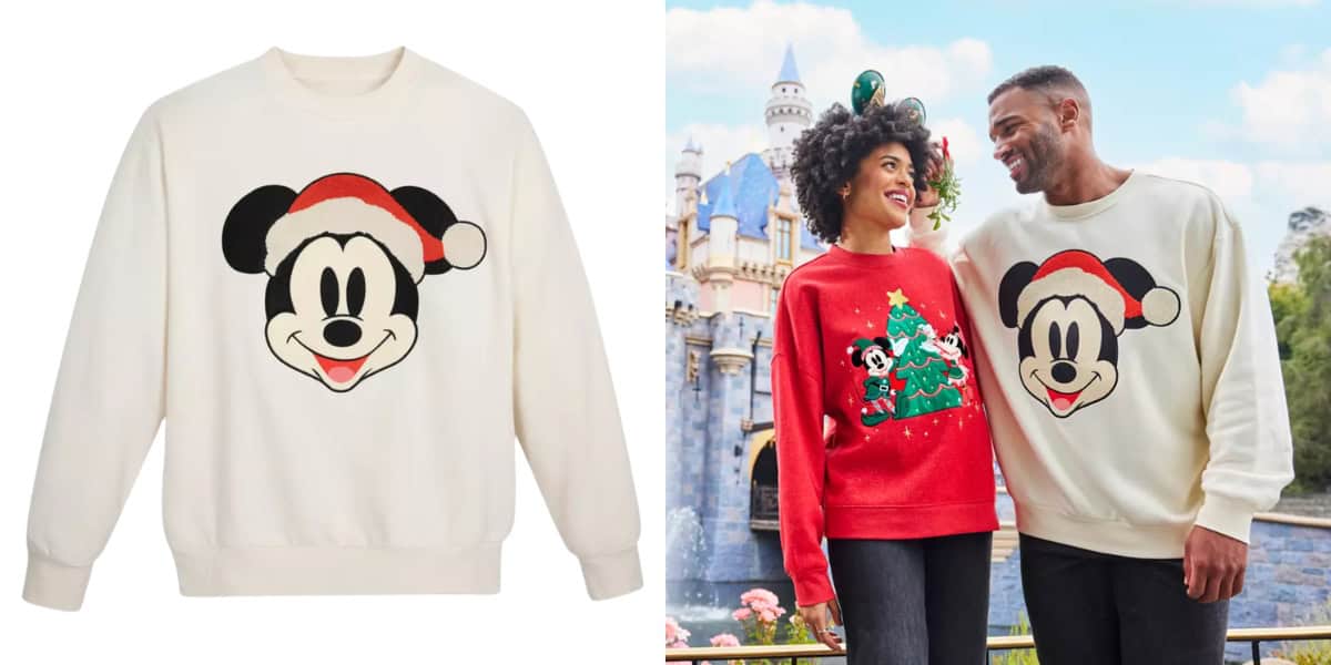 On the left, a white sweatshirt features Santa Mickey. On the right, a couple smiles; the man sports the same sweatshirt and the woman wears a red one with a Christmas tree and cartoon character—a perfect holiday collection backdrop with a castle. Stay cozy and stylish this season!