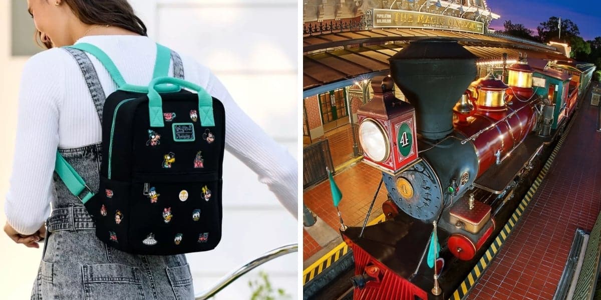 Left: Person wearing a Loungefly backpack adorned with colorful pins, including Mickey Mouse, over a white shirt and denim overalls. Right: A red and black vintage train at a station, featuring a green light and platform barriers.