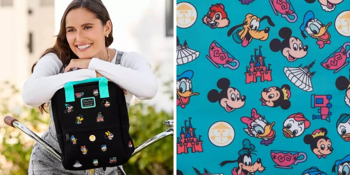 A woman smiling while leaning on a bicycle, holding a Loungefly backpack adorned with colorful Disney character patches. Next to it, a close-up of fabric featuring beloved icons like Mickey Mouse and Donald Duck on a bright blue background, reminiscent of the vibrant Disney Parks allure.