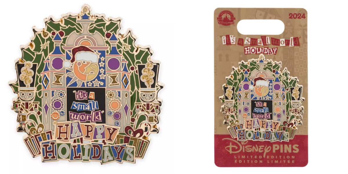 A limited release Disney pin for 2024 showcases a festive "It's a Small World" holiday design. This collectible pin includes colorful illustrations and the text "Happy Holidays," with packaging that highlights its appeal to collectors.