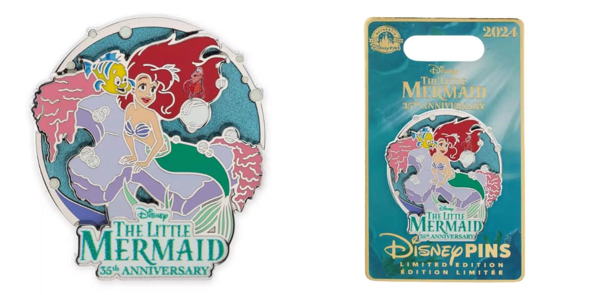 This Limited Release commemorative pin celebrates "The Little Mermaid" 35th anniversary, featuring Ariel with Flounder against a glittery blue background. Shown alongside its packaging, it proudly displays Disney branding and the year 2024—a must-have for collectors of Disney Pins.