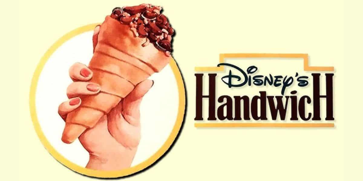 A vintage-style illustration of a hand holding an ice cream cone filled with nuts and chocolate, resembling the quirky treats from Disney World. The text "Disney's Handwich" is displayed on the right.