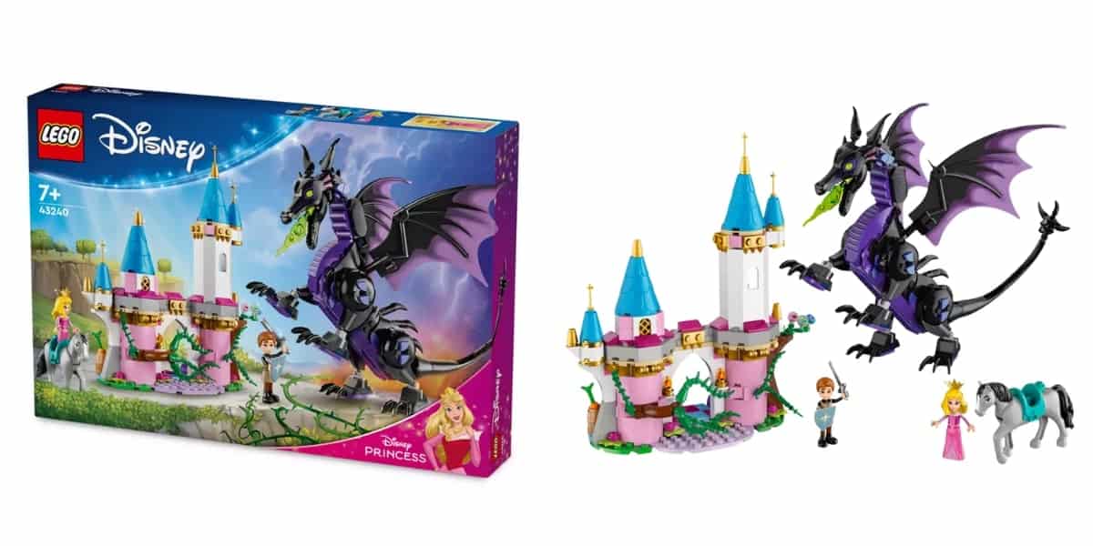 The Disney LEGO Princess set features a majestic dragon and a castle with blue spires, accompanied by three mini-figures: a prince, a princess, and a horse. The packaging depicts the magical scene against a night sky with the Disney logo. Suitable for ages 7 and up.