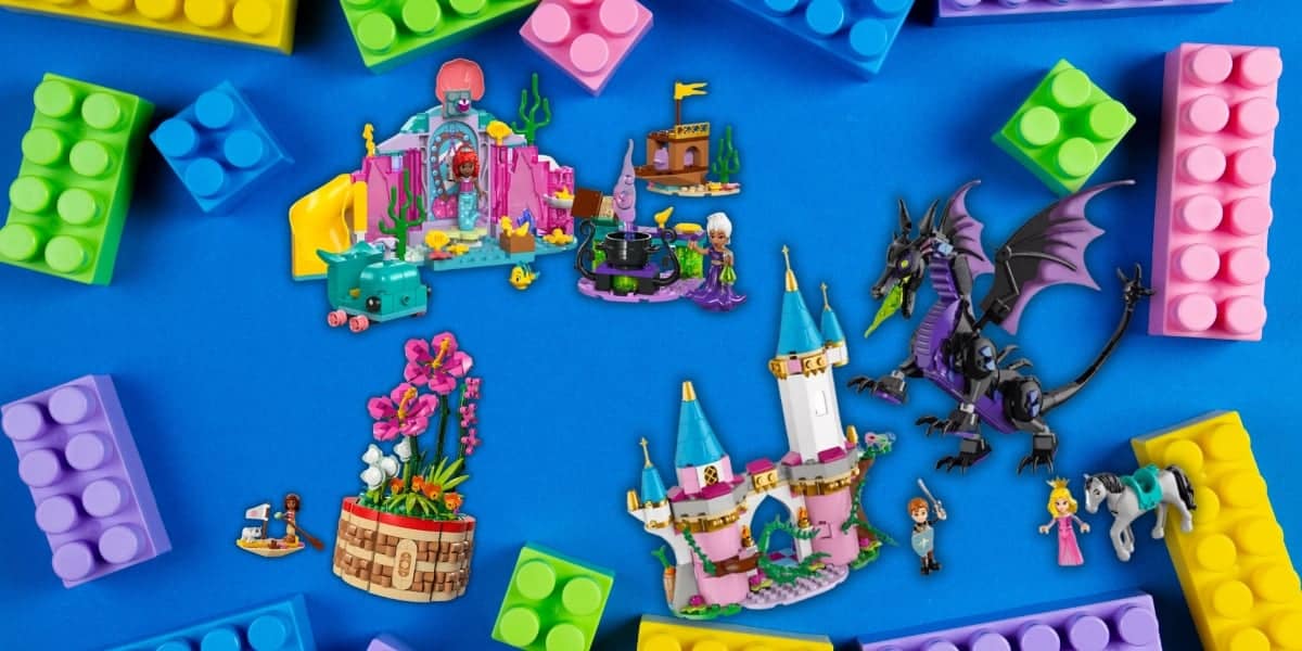 A colorful assortment of LEGO blocks surrounds fantasy-themed Disney LEGO playsets, featuring a pink Sleeping Beauty castle, a dragon, a small garden, and miniature figures. The bright blue background is dotted with large green, yellow, and purple LEGO bricks.