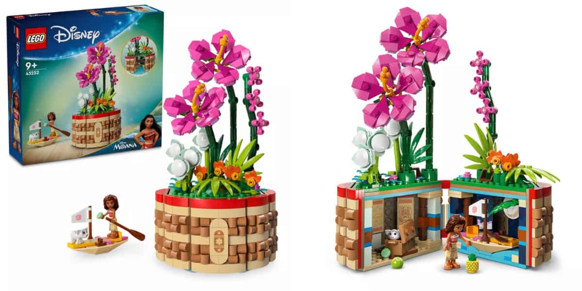 Dive into the magic of Disney LEGO playsets with this enchanting circular, colorful plant structure adorned with pink flowers. Inspired by Moana, it includes a small boat and mini-doll figure. The open back reveals a charming interior room. Box image on the left displays the assembled set and accessories.