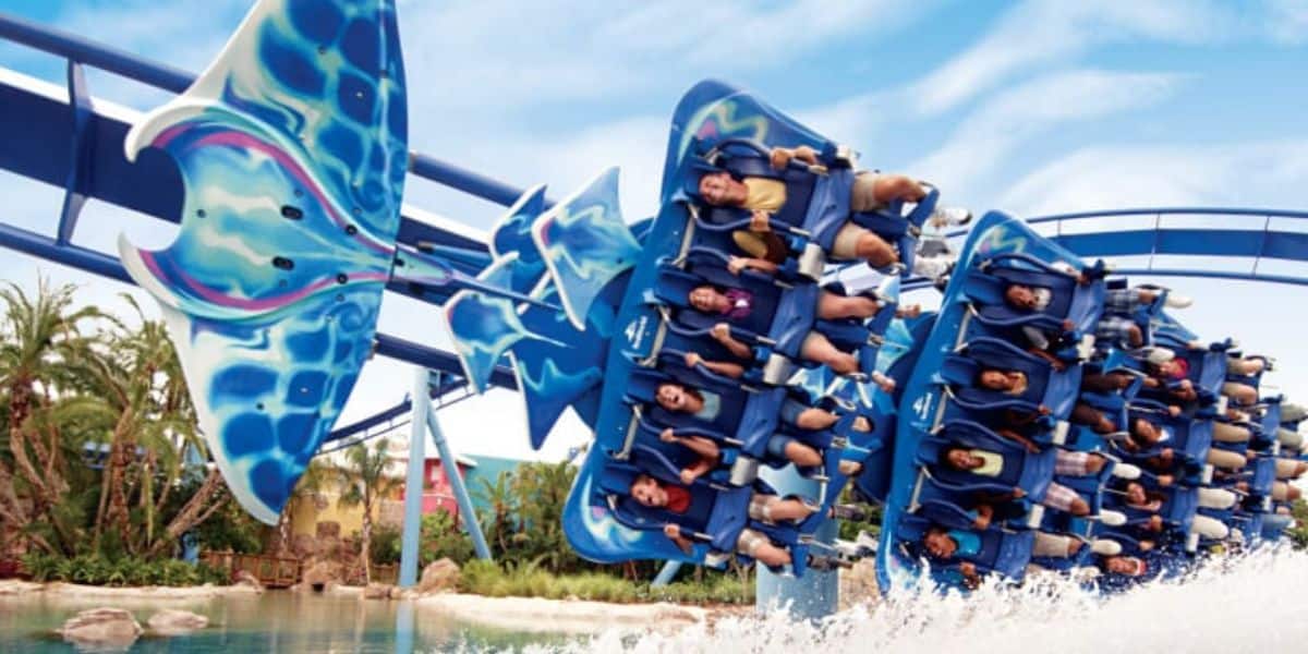 Riders on SeaWorld Orlando's Manta roller coaster