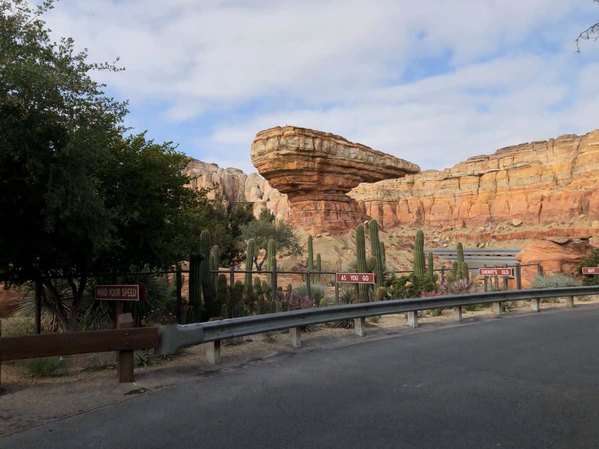 The desertic landscape at Radiator Springs Racers, one of Disney California Adventure's most popular rides, located in Disney California Adventure