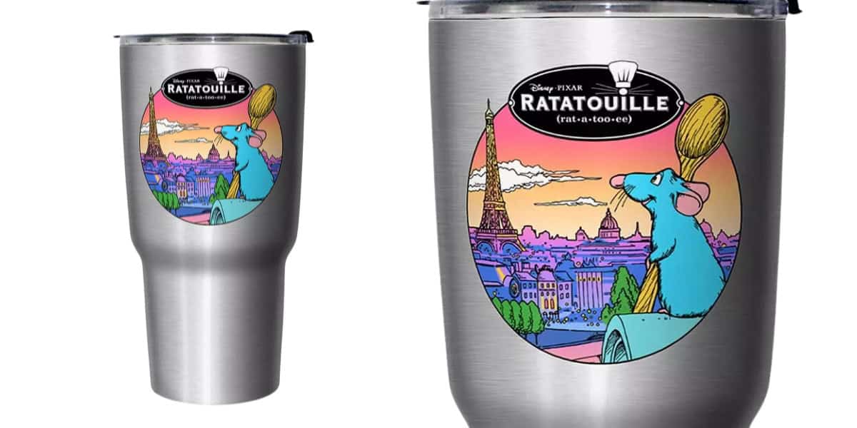 These silver insulated tumblers are the perfect accessories for Disney fans, featuring a vibrant Ratatouille-themed design. The colorful illustration showcases a blue cartoon rat with Paris landmarks, including the Eiffel Tower, under a radiant sky.