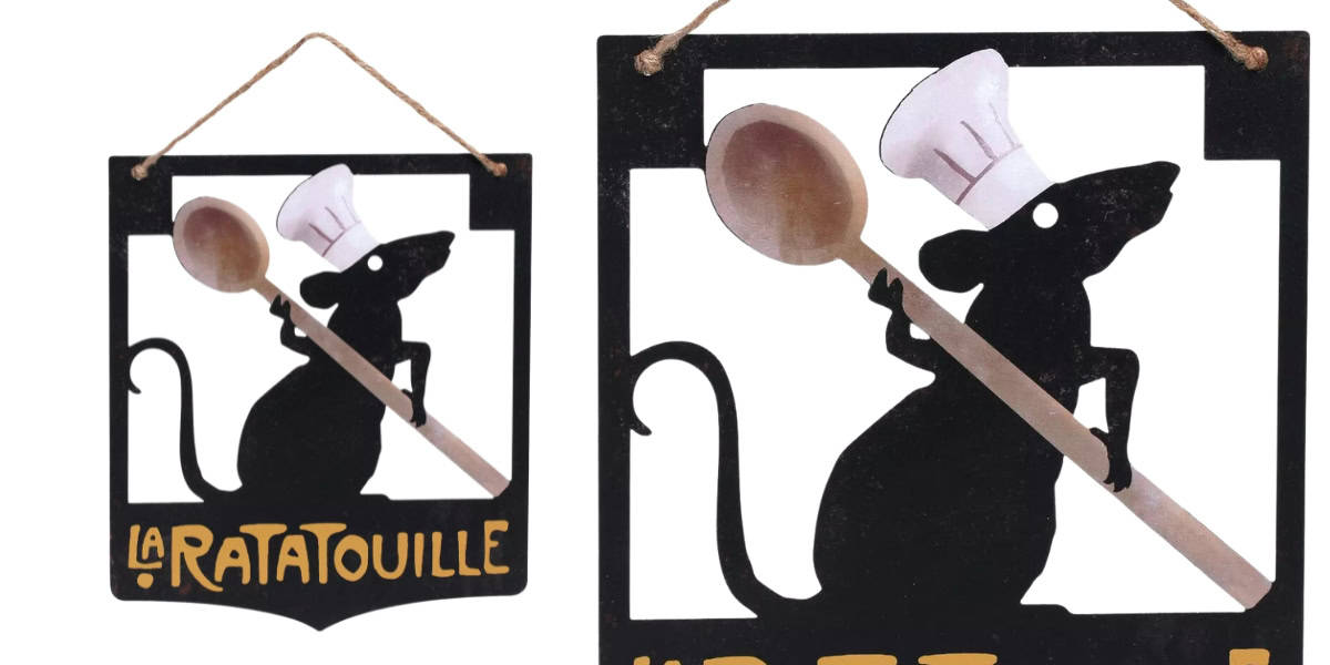 A charming silhouette of a rat wearing accessories like a chef's hat and holding a spoon graces a black sign. The word "La Ratatouille" appears boldly in yellow at the bottom, delighting Disney fans. The playful design hangs elegantly from a rope.