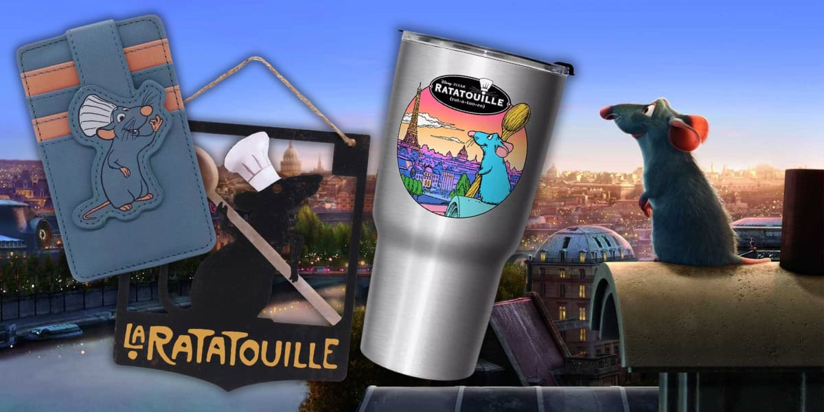 Discover a whimsical collection of Ratatouille accessories, including a wallet adorned with a Remy patch, a stylish blackboard with his silhouette and logo, and a sleek silver tumbler featuring Remy. In the background, the beloved Disney character gazes over a cityscape at sunset.