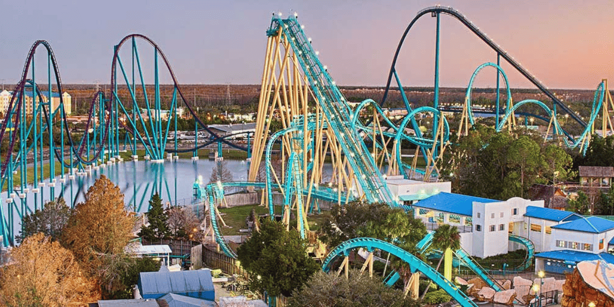 Aerial view of SeaWorld Orlando featuring the park's high-speed coaster Mako and Kraken