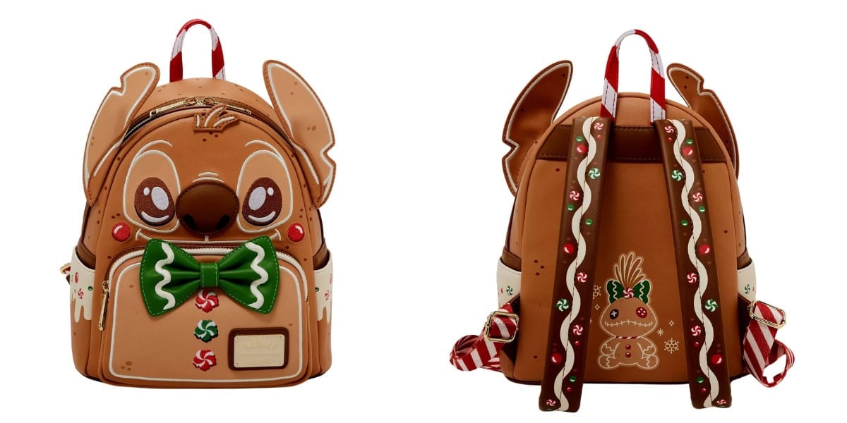 A pair of festive mini backpacks adorned with gingerbread cookie designs. The front features a cartoonish face with large eyes, a green bow tie, and candy accents. The back showcases decorative details, including candy canes and a small gingerbread figure, perfect for under the Christmas tree.