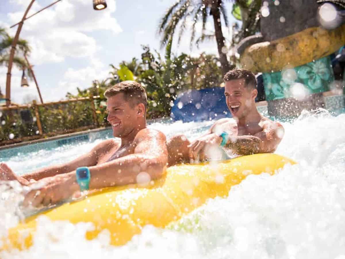 Guests enjoying a water slide at Volcano Bay at Universal Orlando Resort. 