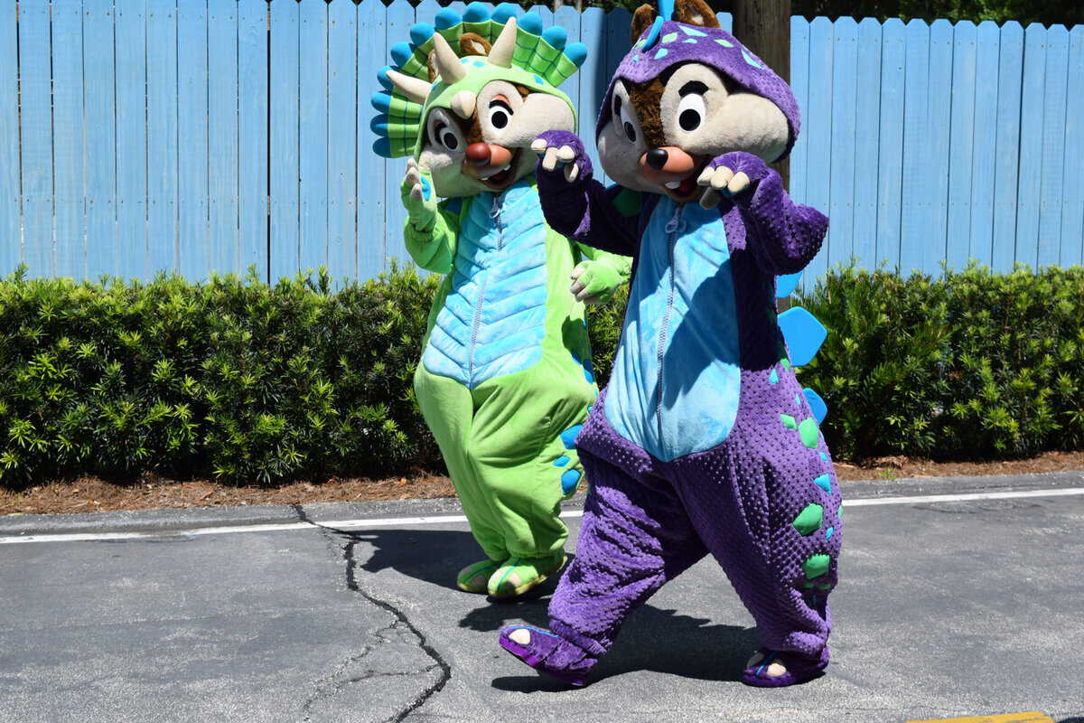 Chip and Dale dressed as dinosaurs in DinoLand U.S.A. at Disney's Animal Kingdom