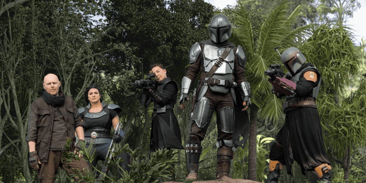 the mandalorian season 2 mission to morak (l-r) bill burr as migs mayfeld, gina carano as cara dune, ming-na wen as fennec shand, pedro pascal as din djarin, and temuera morrison as boba fett