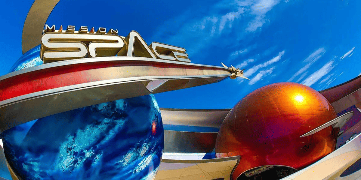 The exterior of Mission: SPACE at EPCOT inside of Disney World on a bright, sunny day.