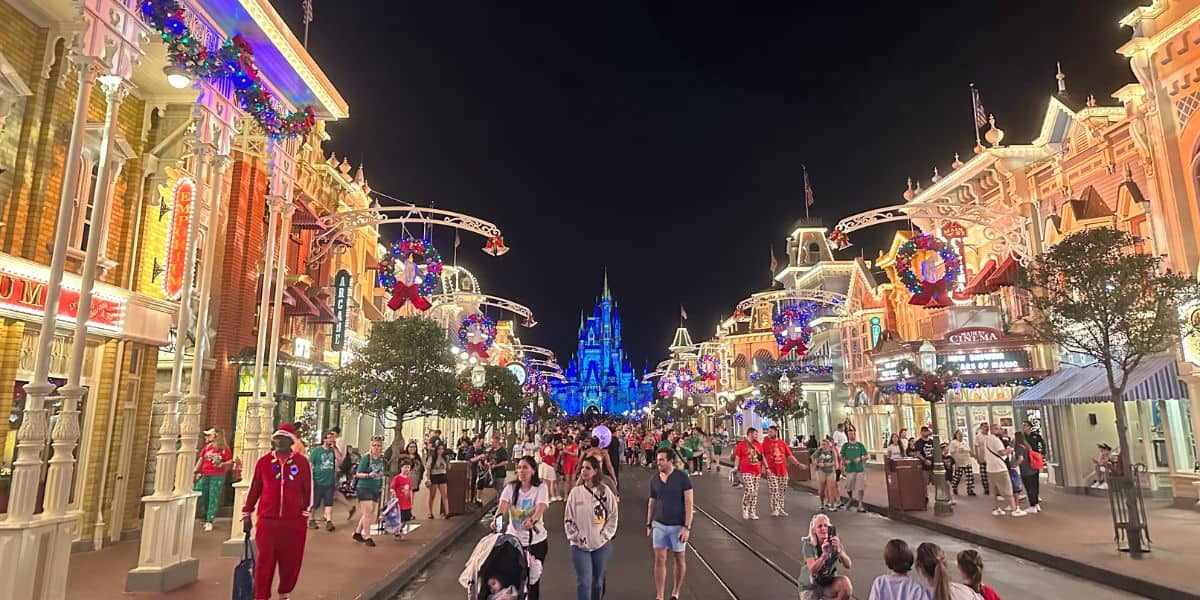 Main Street, U.S.A. during Mickey's Very Merry Christmas Party in Magic Kingdom at Walt Disney World Resort.