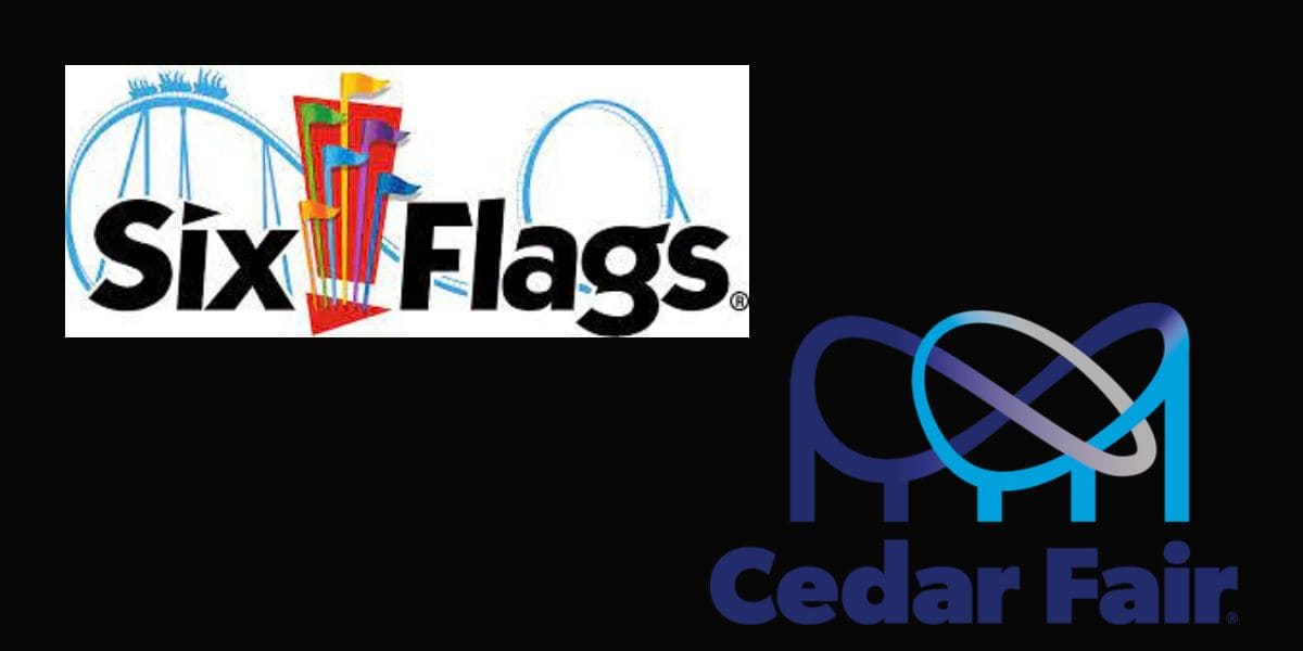 The Six Flags and Cedar Fair logos together in a black background.