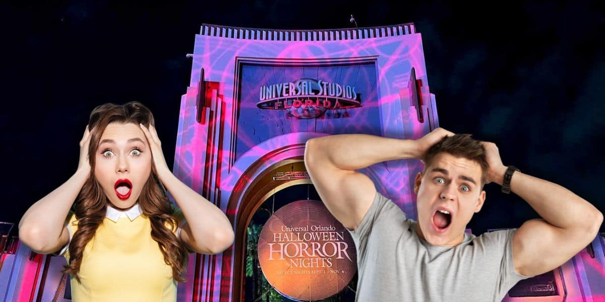 Two excited visitors expressing shock and amazement with their hands on the sides of their faces against a backdrop of the Universal Studios Florida entrance, eagerly anticipating the thrilling experience at Halloween Horror Nights.